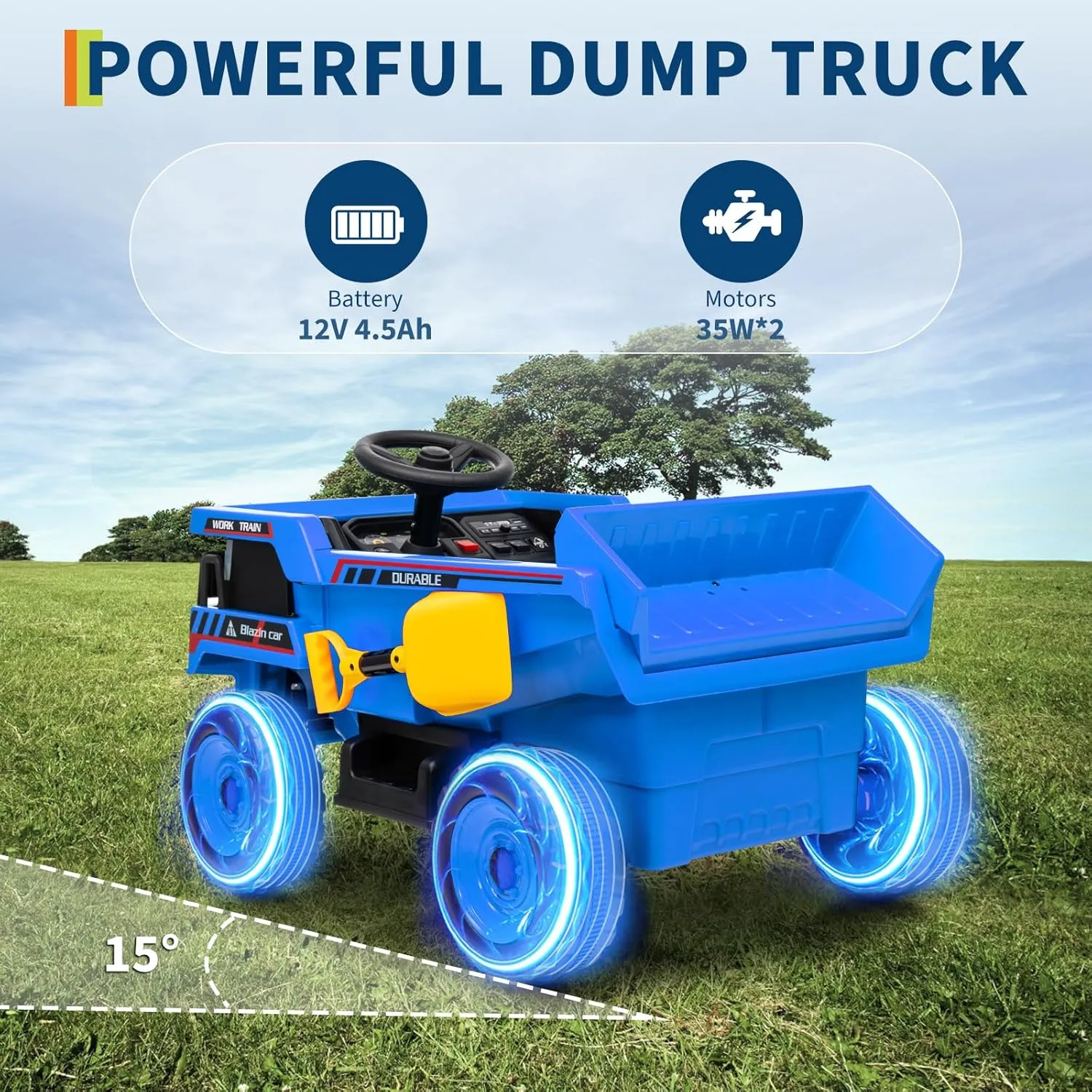 12V Kids Ride On Dump Truck with Remote Control Electric Car Toy for Toddlers Ride On Construction Vehicles with Electric Dump Bed, Shovel, LED Lights, Music, Blue