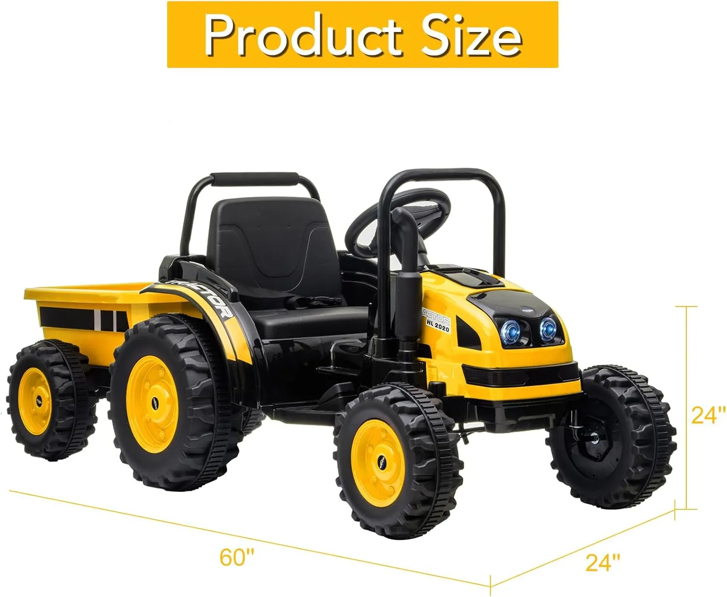 12V Kids Ride-On Tractor with Trailer, Remote Control, Music, LED Lights, Rear Wheels Suspension - Battery Powered Electric Vehicle Toy, Yellow