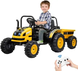 12V Kids Ride-On Tractor with Trailer, Remote Control, Music, LED Lights, Rear Wheels Suspension - Battery Powered Electric Vehicle Toy, Yellow