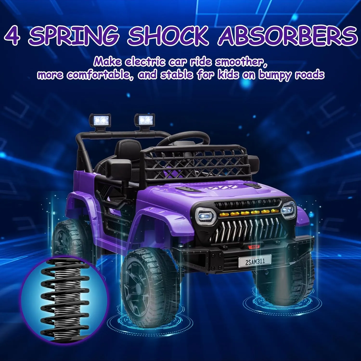 12V Kids Ride On Truck Electric Car Toy for Toddlers with 2.4G Remote Control, Spring Suspension, Battery Display, LED Lights, Music, Battery Powered Ride on Car for Boys Girls(Purple)