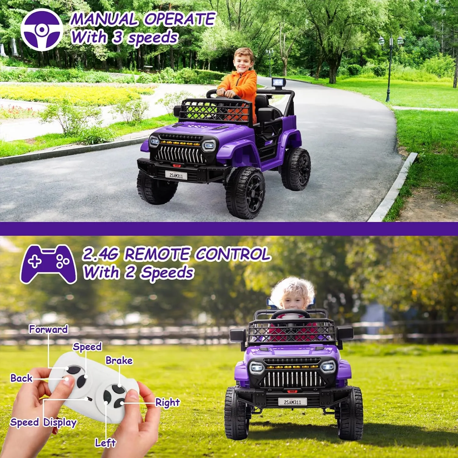 12V Kids Ride On Truck Electric Car Toy for Toddlers with 2.4G Remote Control, Spring Suspension, Battery Display, LED Lights, Music, Battery Powered Ride on Car for Boys Girls(Purple)
