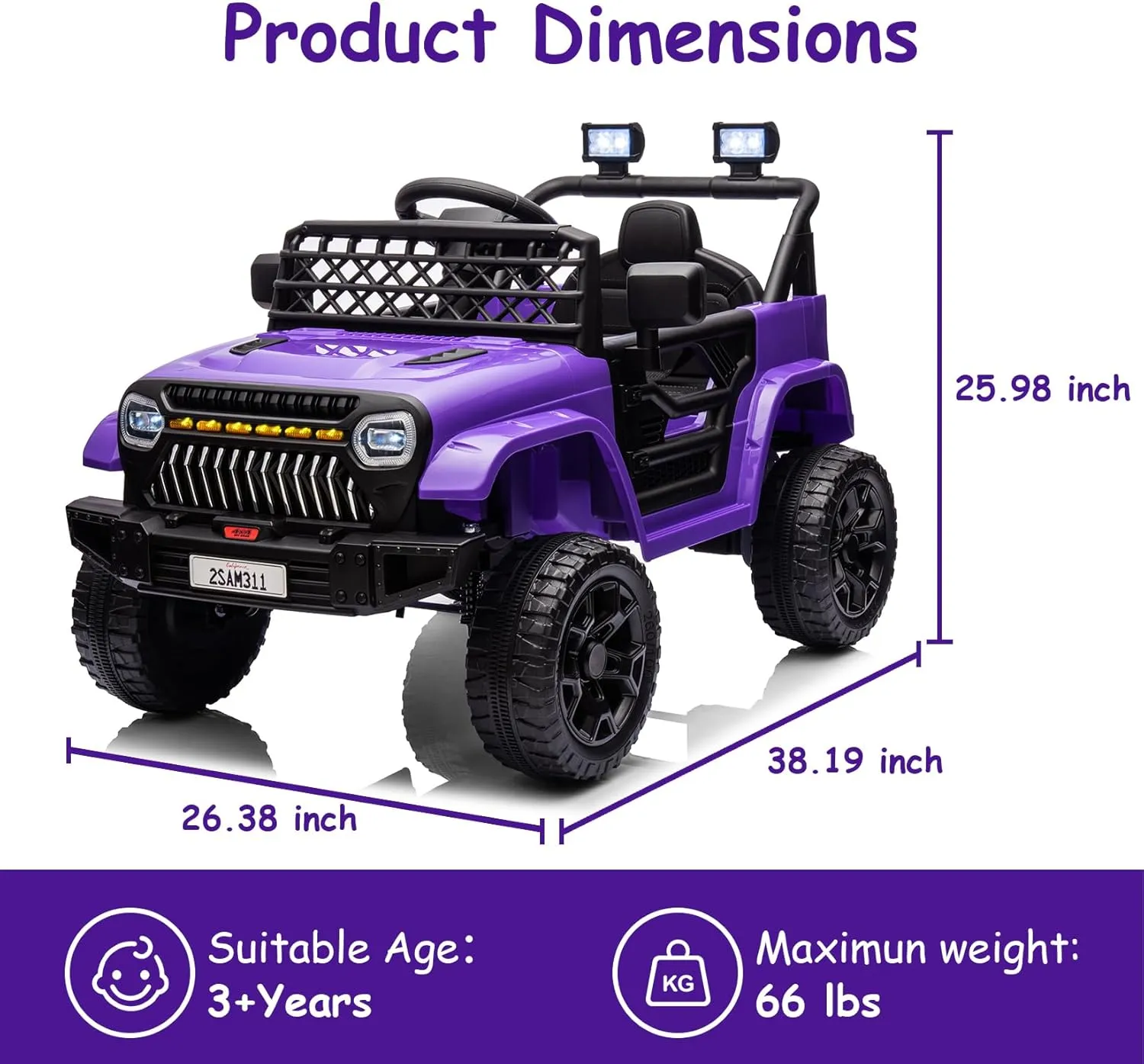 12V Kids Ride On Truck Electric Car Toy for Toddlers with 2.4G Remote Control, Spring Suspension, Battery Display, LED Lights, Music, Battery Powered Ride on Car for Boys Girls(Purple)