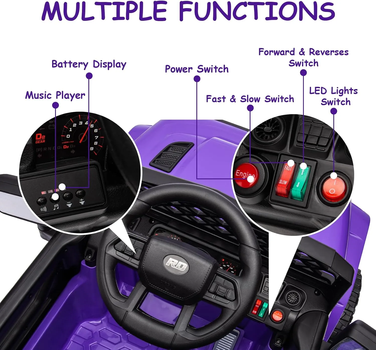 12V Kids Ride On Truck Electric Car Toy for Toddlers with 2.4G Remote Control, Spring Suspension, Battery Display, LED Lights, Music, Battery Powered Ride on Car for Boys Girls(Purple)