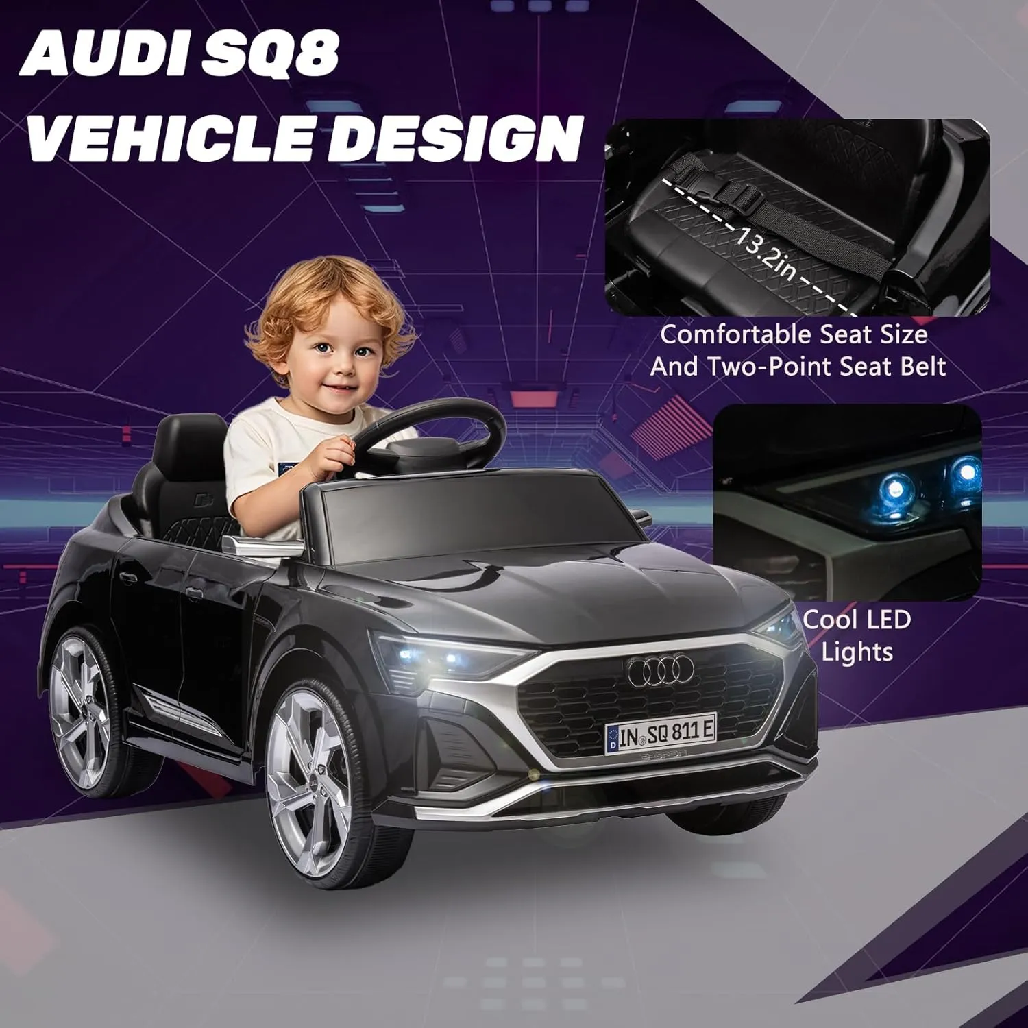 12V Licensed Audi SQ8 Kids Ride on Car - Ride on Toys with Remote Control,Dual Drive, Soft Start, 3 Speed, Music, LED Light, Battery Powered Electric Car for Toddlers Boys Girls Aged 3 , Black
