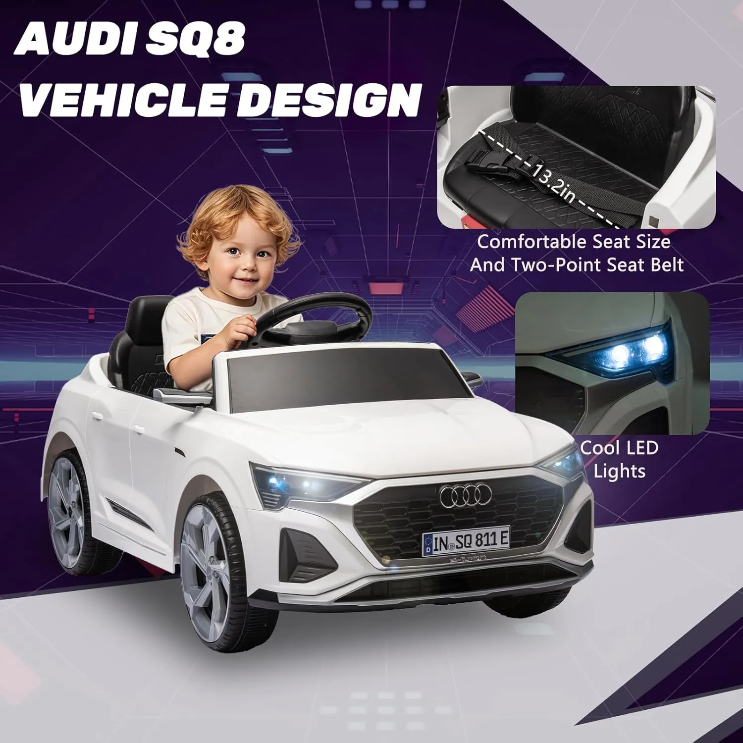 12V Licensed Audi SQ8 Kids Ride on Car - Ride on Toys with Remote Control,Dual Drive, Soft Start, 3 Speed, Music, LED Light, Battery Powered Electric Car for Toddlers Boys Girls Aged 3 , White