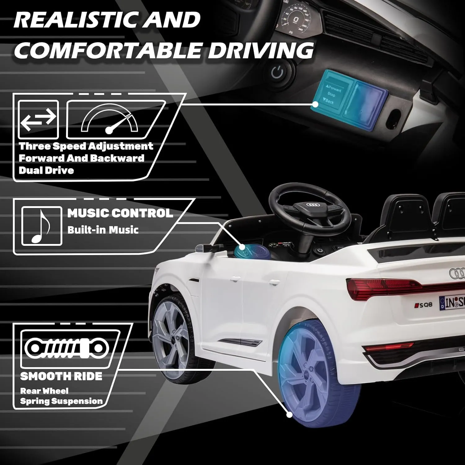 12V Licensed Audi SQ8 Kids Ride on Car - Ride on Toys with Remote Control,Dual Drive, Soft Start, 3 Speed, Music, LED Light, Battery Powered Electric Car for Toddlers Boys Girls Aged 3 , White