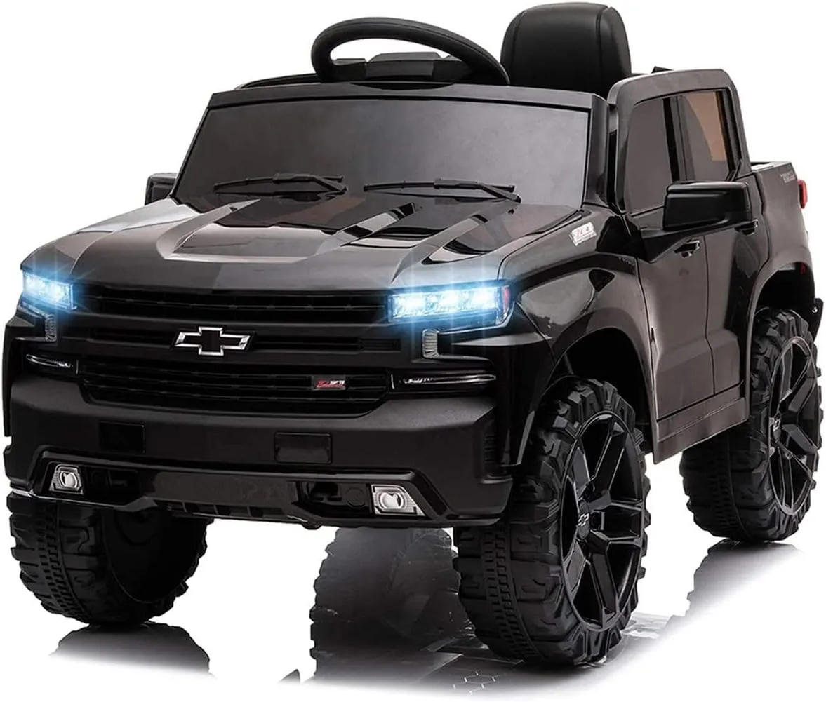 12V Licensed Chevrolet Silverado Ride On Truck Car, Kids Boys and Girls Electric Car Battery Powered Electric Vehicle with Parent Remote Control, Music Player, LED Lights, 3 Speeds, Black