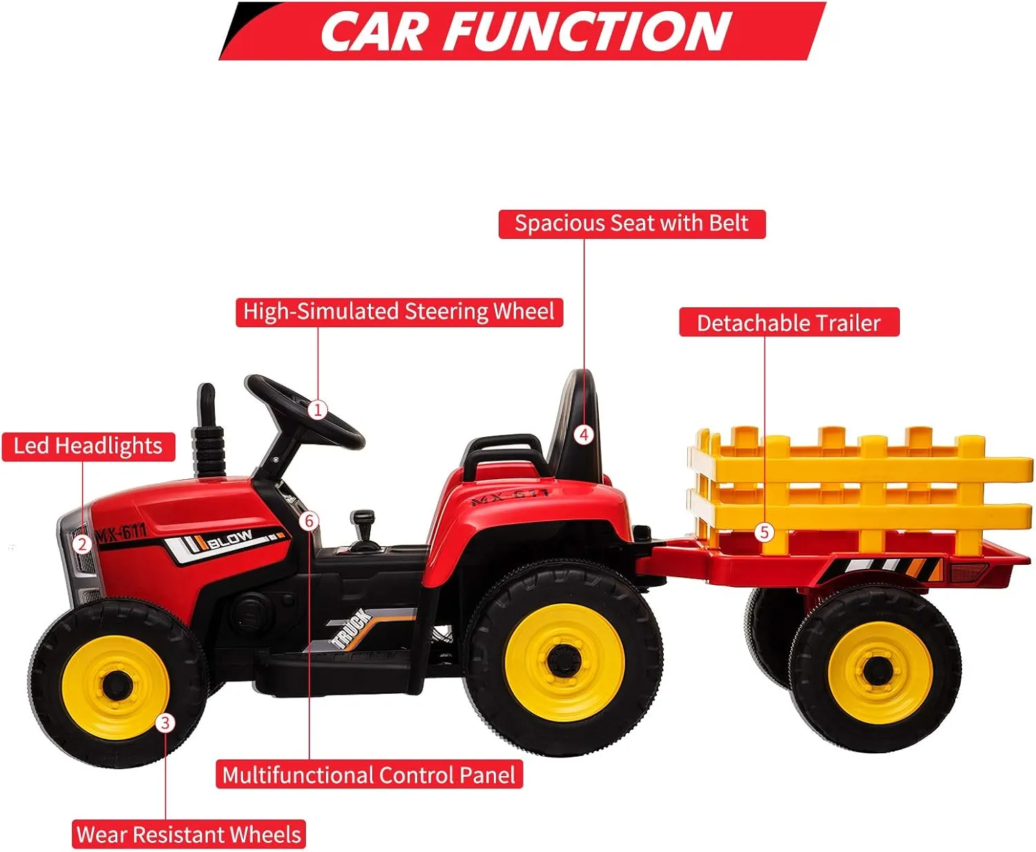 12V Ride On Car for Kids Battery Powered Ride On Toy Electric Tractor Car with Trailer, Remote Control, LED Lights, 2 1 Gear Shift, Music, Red