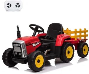 12V Ride On Car for Kids Battery Powered Ride On Toy Electric Tractor Car with Trailer, Remote Control, LED Lights, 2 1 Gear Shift, Music, Red