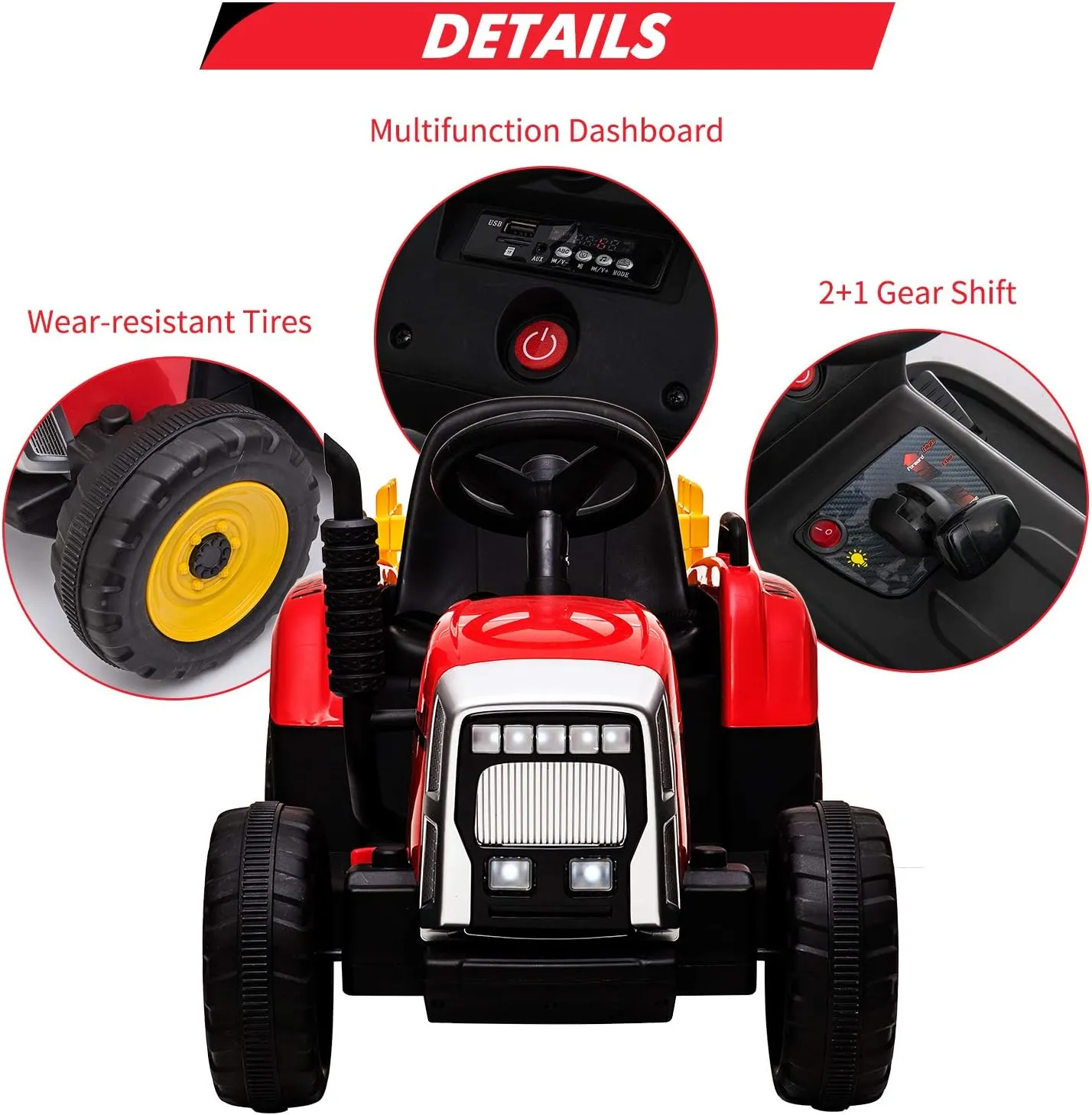 12V Ride On Car for Kids Battery Powered Ride On Toy Electric Tractor Car with Trailer, Remote Control, LED Lights, 2 1 Gear Shift, Music, Red