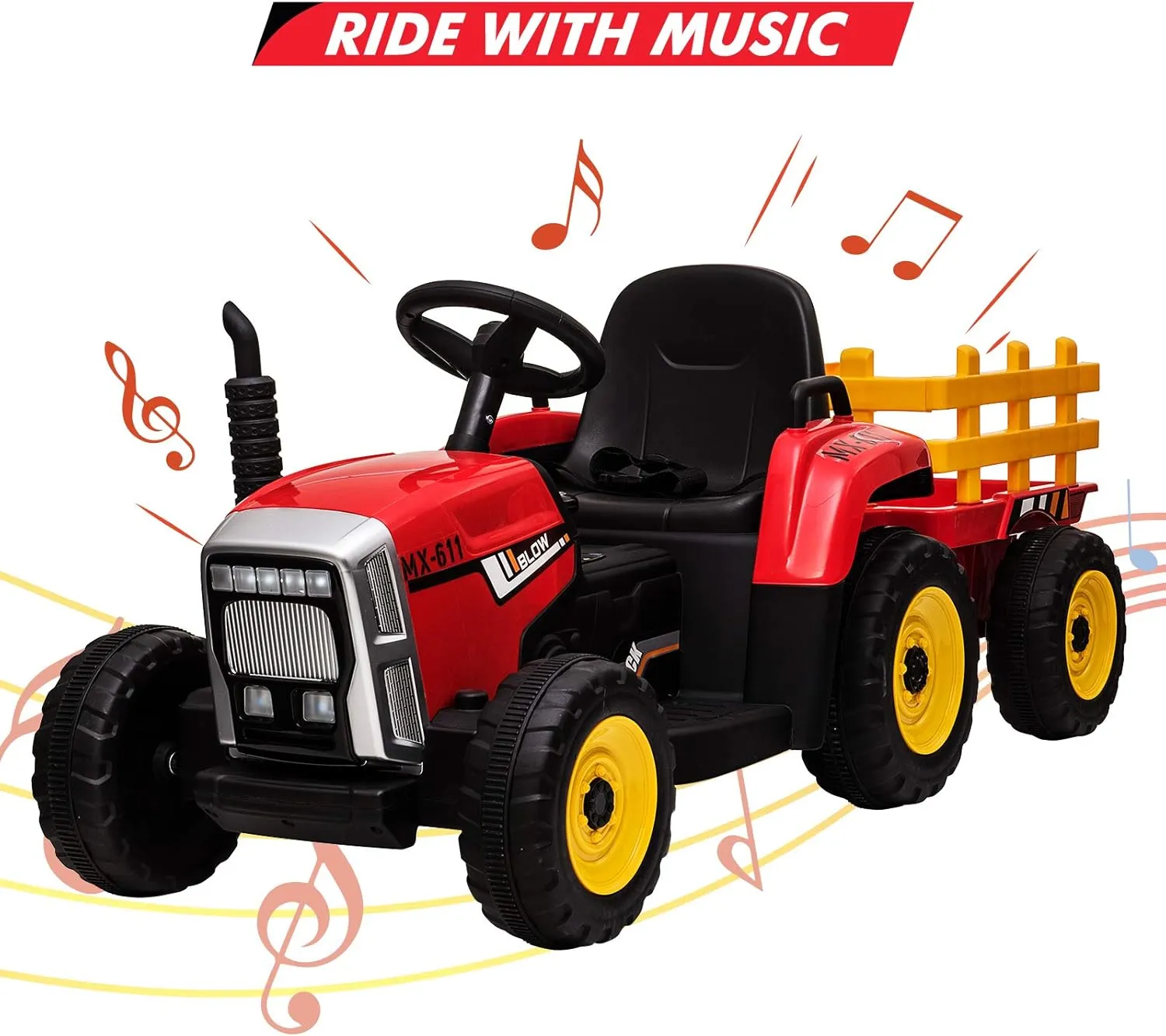 12V Ride On Car for Kids Battery Powered Ride On Toy Electric Tractor Car with Trailer, Remote Control, LED Lights, 2 1 Gear Shift, Music, Red