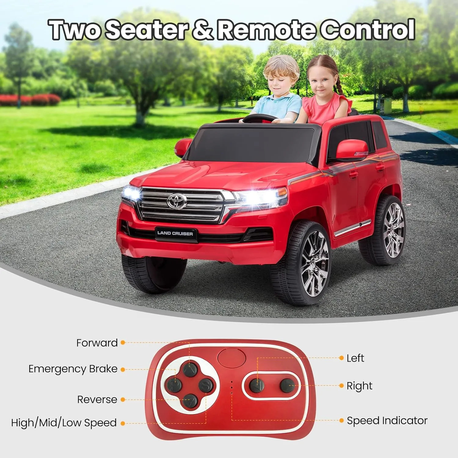 12V Ride On Car, Licensed Toyota Land Cruiser with Remote Control, Electric Car for Kids with Battery Powered, 3 Speeds, Music, Horn, LED Lights, Red