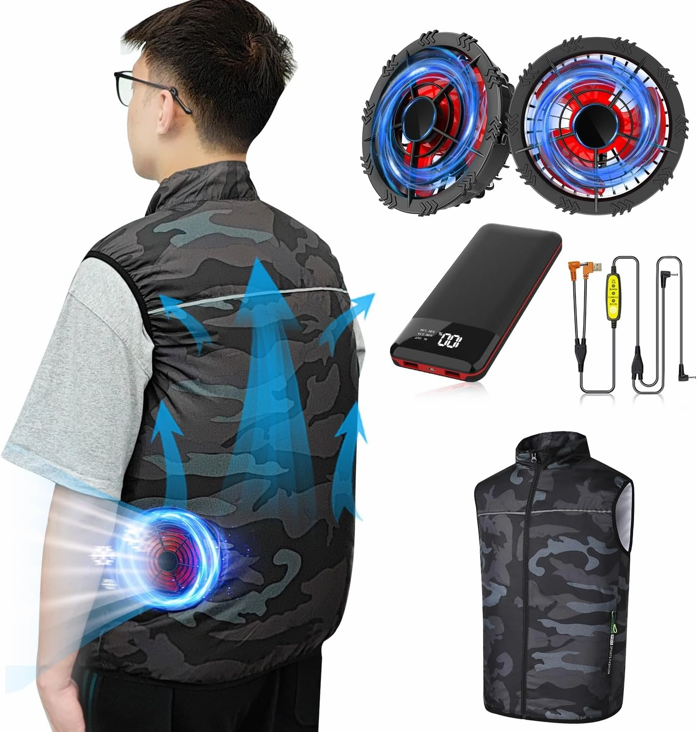 12V Cooling Vest with 24000mAh Battery Pack,Camouflage Air Conditioner Clothes, 360° Air Supply Cooling Jacket