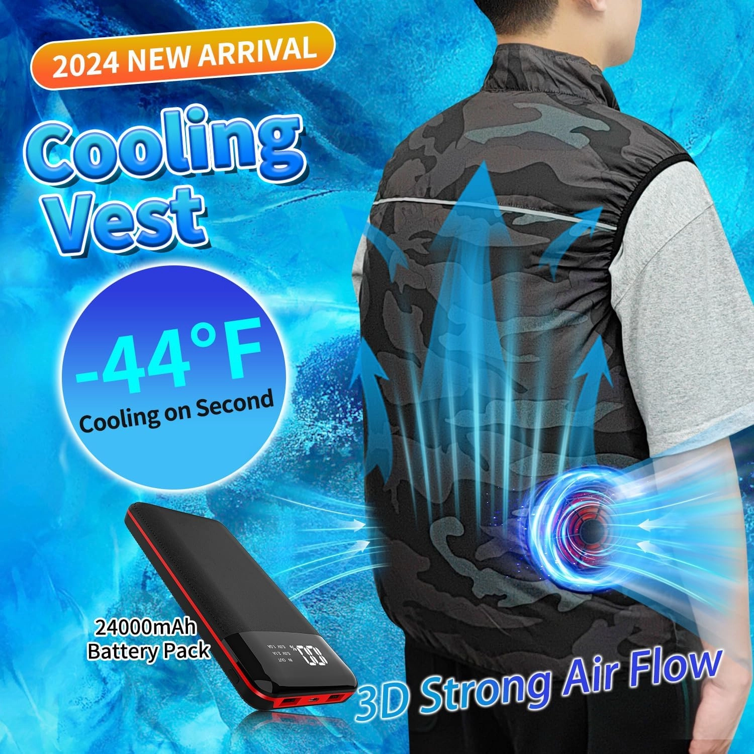 12V Cooling Vest with 24000mAh Battery Pack,Camouflage Air Conditioner Clothes, 360° Air Supply Cooling Jacket