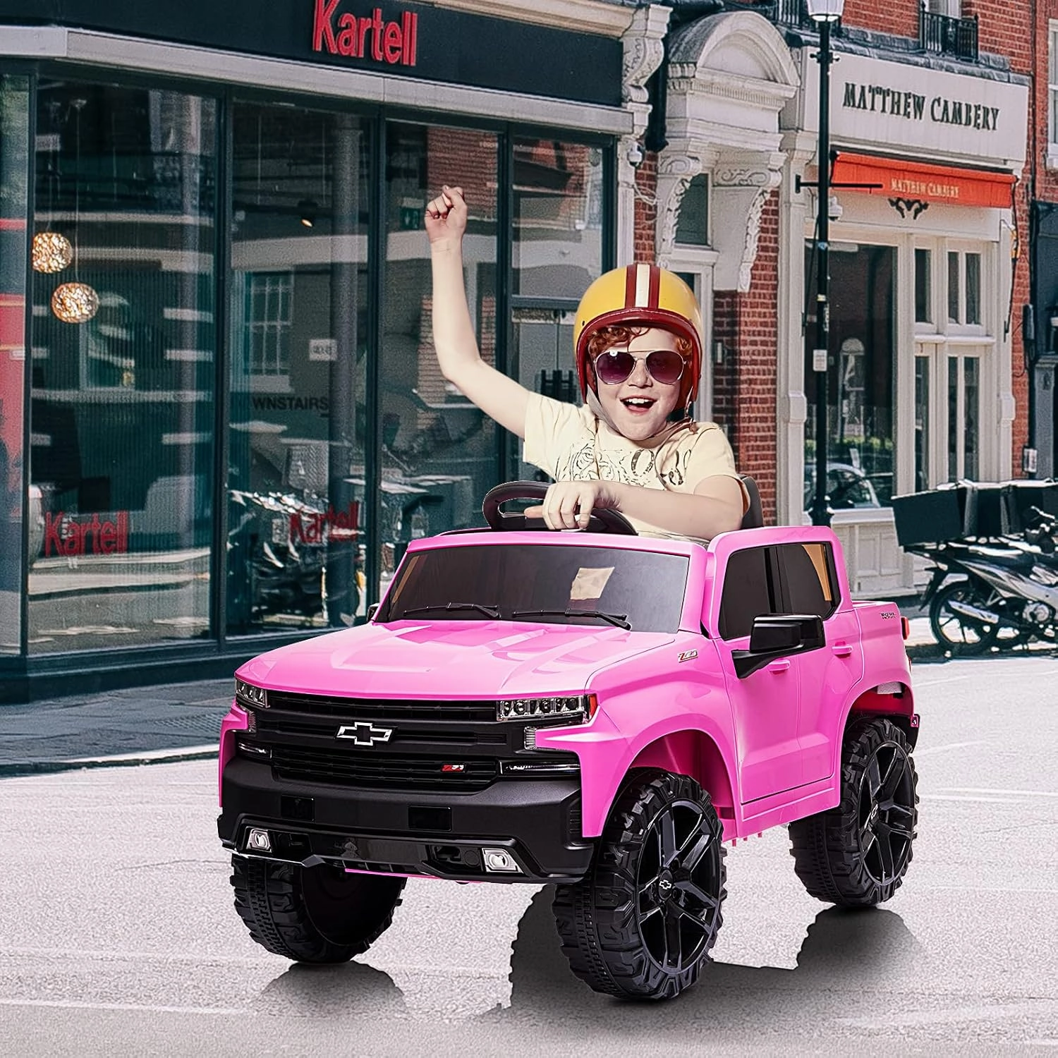 12V Ride on Car, Battery Powered Licensed Silverado GMC Kids Ride On Truck, Toddler Electric Vehicles Toys w/Remote Control, MP3/Bluetooth, Spring Suspension, LED Light (Pink-2)