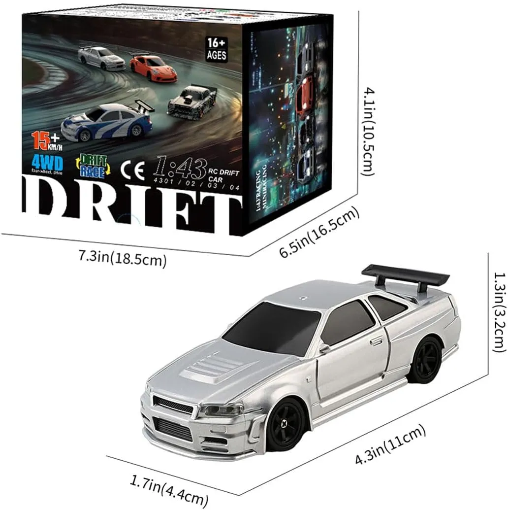 1/43 2.4G Mini Rc Drift Car, 4WD 15km/h with Lights, Lasts 30 Mins, Christmas Birthday Gift (RTR Version/Silver)