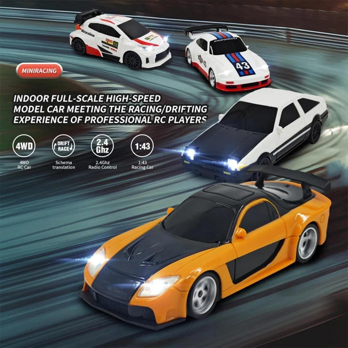 1/43 RC Drift Car Mini, 2.4G Full-Proportional Electric Remote Control Sports Car with LED Lights, 15 KM/H Racing Rally Cars Sedan Model, Toy Gift for Adults -RTR