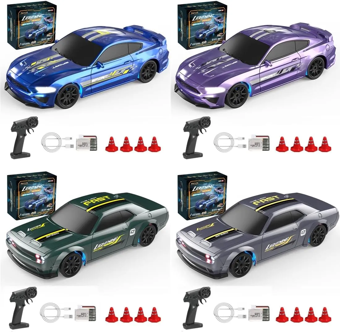 1/43 Scale Mini RC Drift Car for Adult, 2.4G 4WD Full-Proportional Remote Control Racing Car, RC Drift Cars with 15KM/H High Speed & LED Light (RTR Version/4 Set)