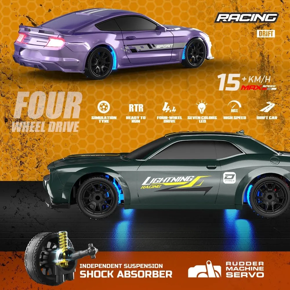 1/43 Scale RC Drift Car, 2.4GHz Full-Proportional High-Speed 15KM/H Drift Racing Car with LED Lights, 4WD Mini RC Vehicle Model for Adults & Hobbyists