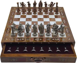 15’’ Handmade Chess Set with British Army Metal Chess Pieces, Luxury Storage Chess Board, for All Ages, Ideal for Father, (Walnut)