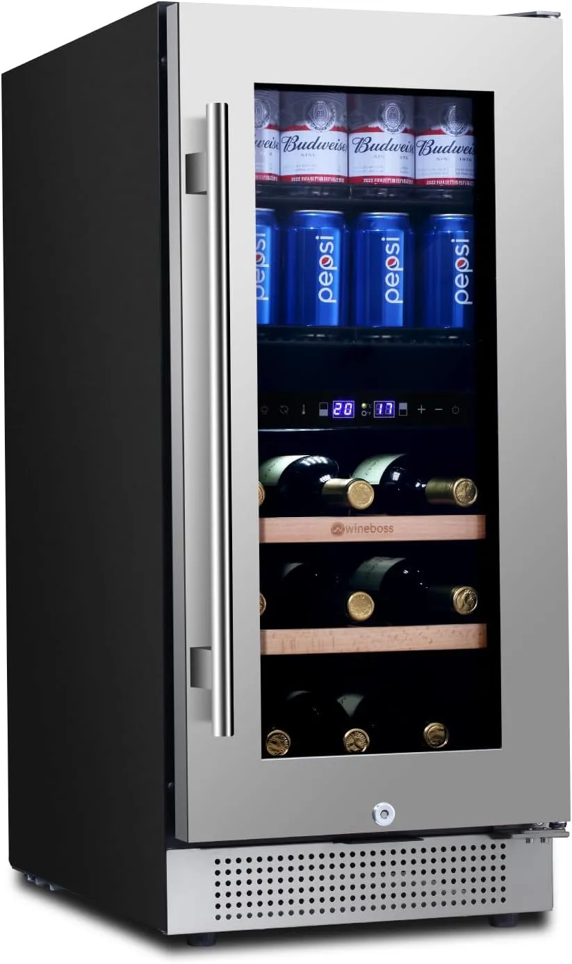 15 Inch Wine and Beverage Refrigerator, 13 Bottle & 48 Cans Dual Zone Wine Cooler, 37-65°F, Freestanding/Under Counter Beverage Fridge with Stainless Steel Tempered Glass Beech Shelves Lock