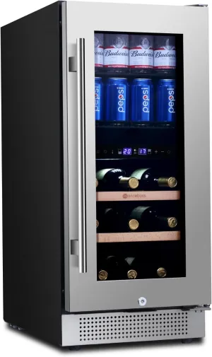 15 Inch Wine and Beverage Refrigerator, 13 Bottle & 48 Cans Dual Zone Wine Cooler, 37-65°F, Freestanding/Under Counter Beverage Fridge with Stainless Steel Tempered Glass Beech Shelves Lock
