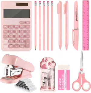 15 Pcs Pink Desk Accessories Office Supplies Set Cute Stationery Back to School Supplies Includes Stapler, Calculator, Ruler, Pencils, Scissor, Pencil Sharpener, Pen, Highlighter, Eraser