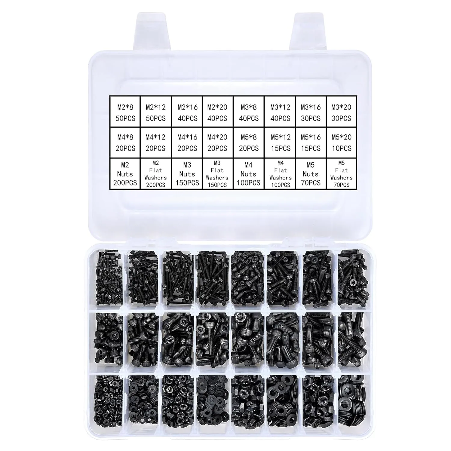 1500 Pcs Metric Fastener Kit Bolts, Nuts & Washers. 12.9 Grade Alloy, Black Zinc. for Home Repair & DIY. Includes M2-M4 Screw Sets, Machine Screws, Set Bolts. Comes with 4 Hex Wrenches.