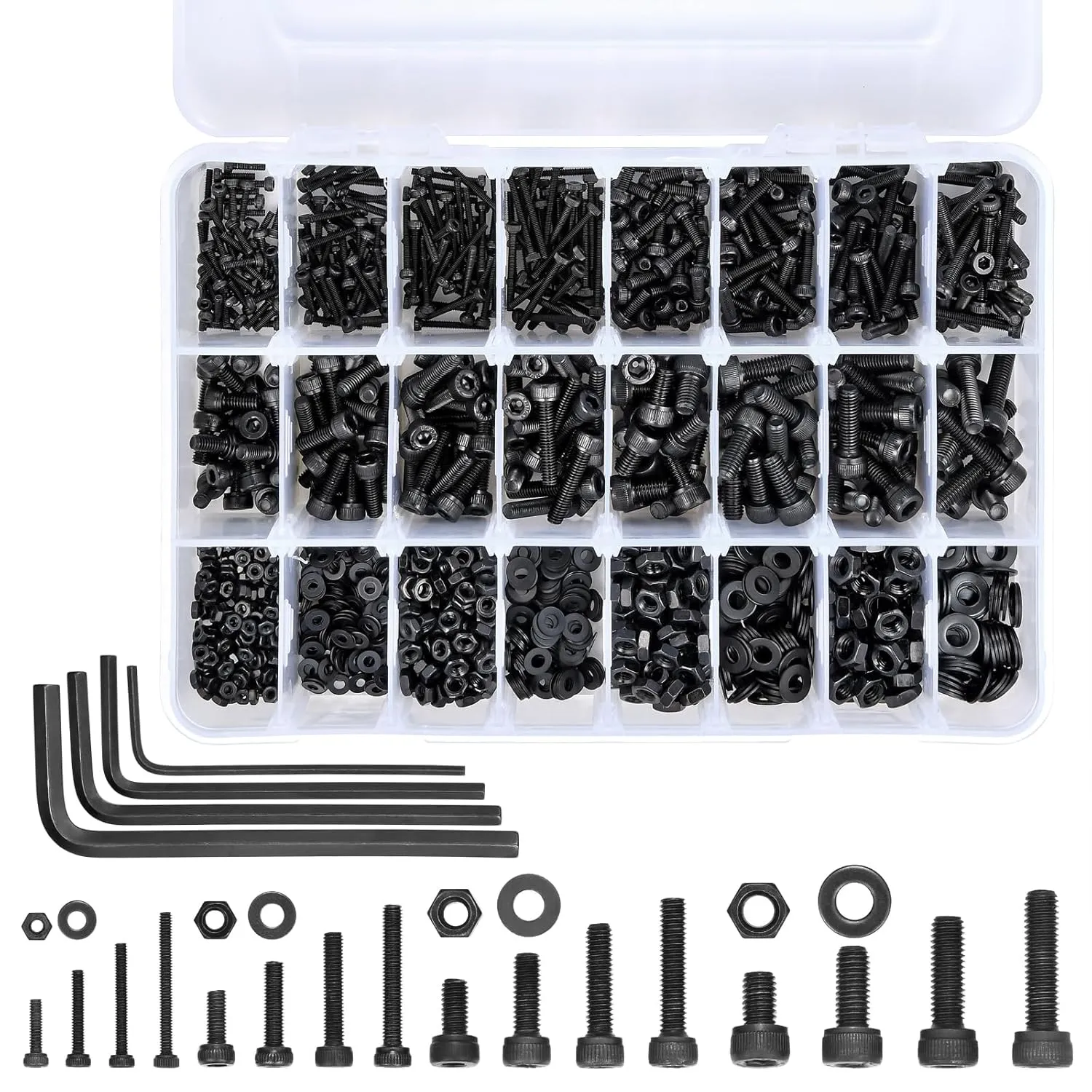 1500 Pcs Metric Fastener Kit Bolts, Nuts & Washers. 12.9 Grade Alloy, Black Zinc. for Home Repair & DIY. Includes M2-M4 Screw Sets, Machine Screws, Set Bolts. Comes with 4 Hex Wrenches.