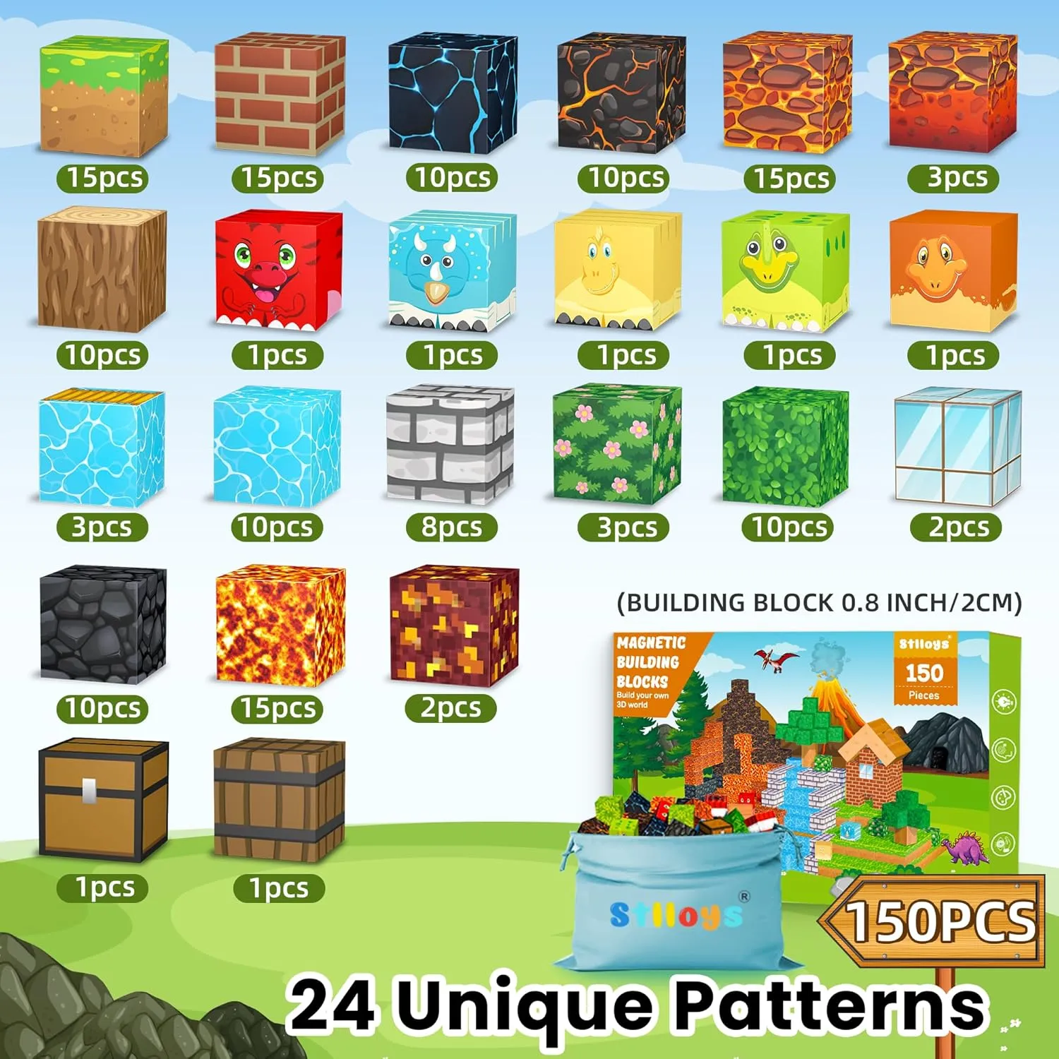 150PCS Magnetic Blocks Dinosaur Toys, Magnetic Building Blocks Cubes Tiles, STEM Sensory Outdoor Toys for Kids Toddlers Boys Girls Ages 3 4 5 6 7 8 Easter Birthday Gifts