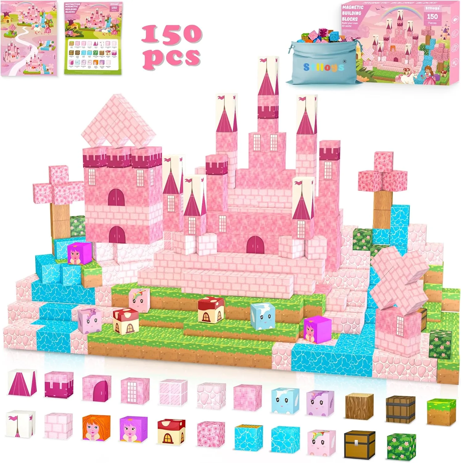150PCS Magnetic Blocks Princess Toys, Magnetic Building Blocks Cubes Tiles, STEM Sensory Outdoor Toys for Kids Toddlers Boys Girls Ages 3 4 5 6 7 8 Easter Birthday Gifts