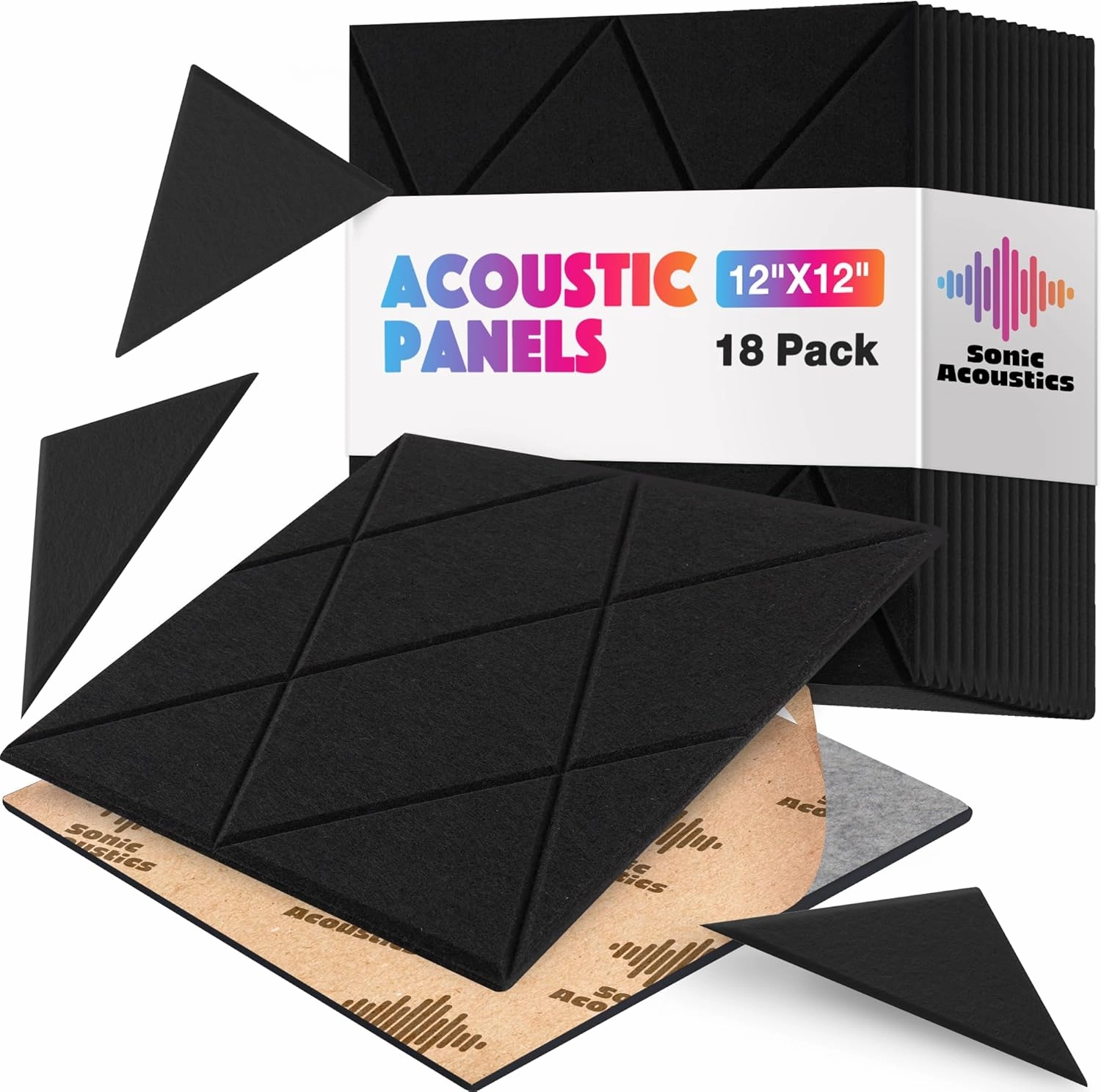 18 Pack Self-Adhesive Acoustic Panels, 12"x 12"x 0.4" Sound Absorbing Panels, High Density Square Sound Proof Noise Dampening Panels for Walls Home Studio Office, Rhombus Cutting Style, Black