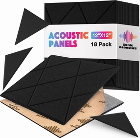 18 Pack Self-Adhesive Acoustic Panels, 12"x 12"x 0.4" Sound Absorbing Panels, High Density Square Sound Proof Noise Dampening Panels for Walls Home Studio Office, Rhombus Cutting Style, Black