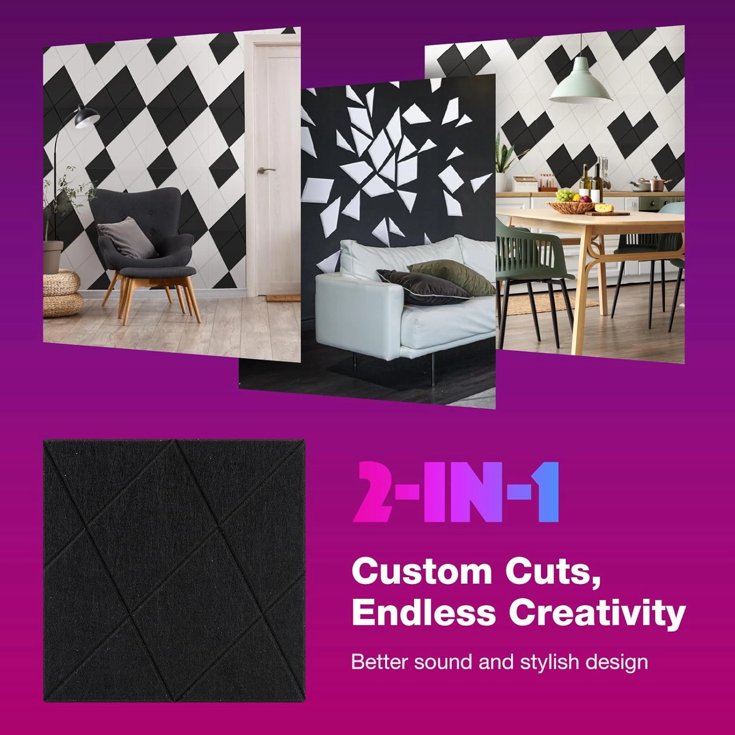 18 Pack Self-Adhesive Acoustic Panels, 12"x 12"x 0.4" Sound Absorbing Panels, High Density Square Sound Proof Noise Dampening Panels for Walls Home Studio Office, Rhombus Cutting Style, Black