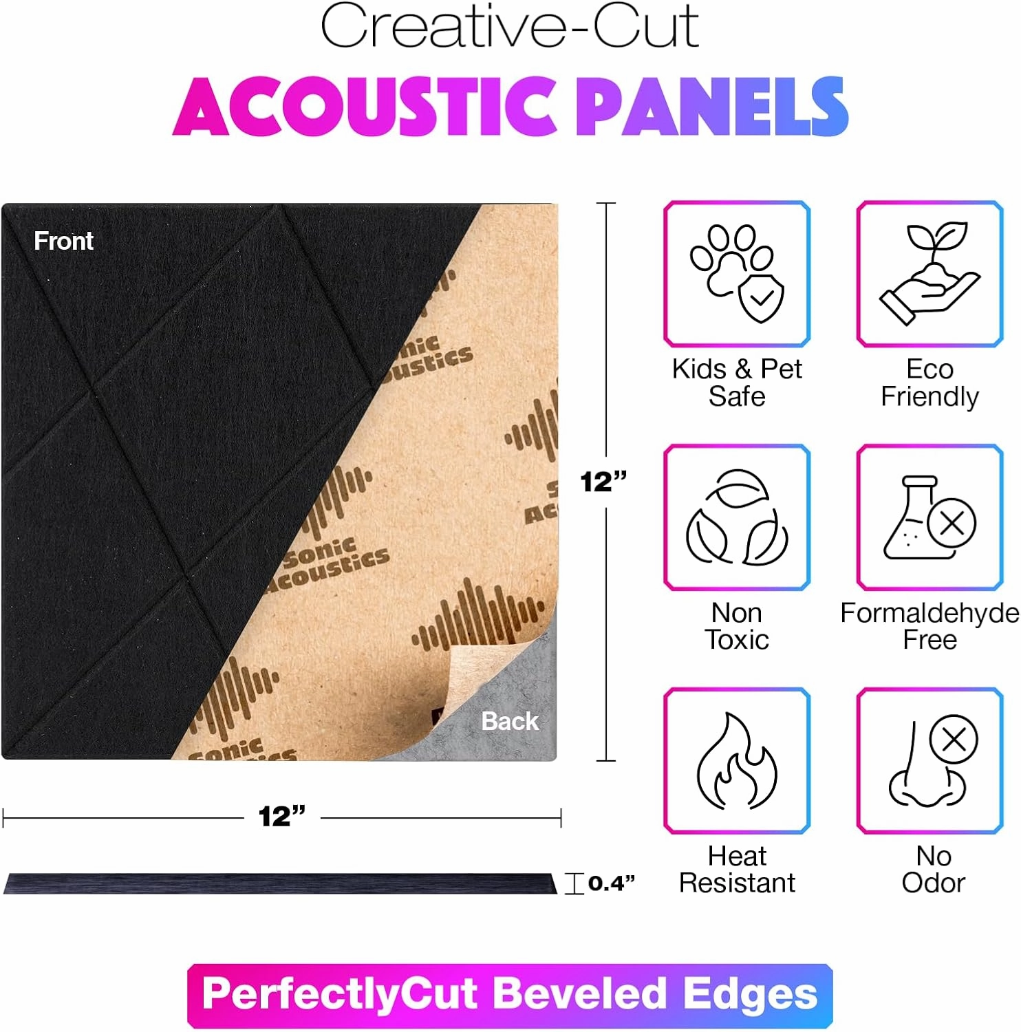 18 Pack Self-Adhesive Acoustic Panels, 12"x 12"x 0.4" Sound Absorbing Panels, High Density Square Sound Proof Noise Dampening Panels for Walls Home Studio Office, Rhombus Cutting Style, Black