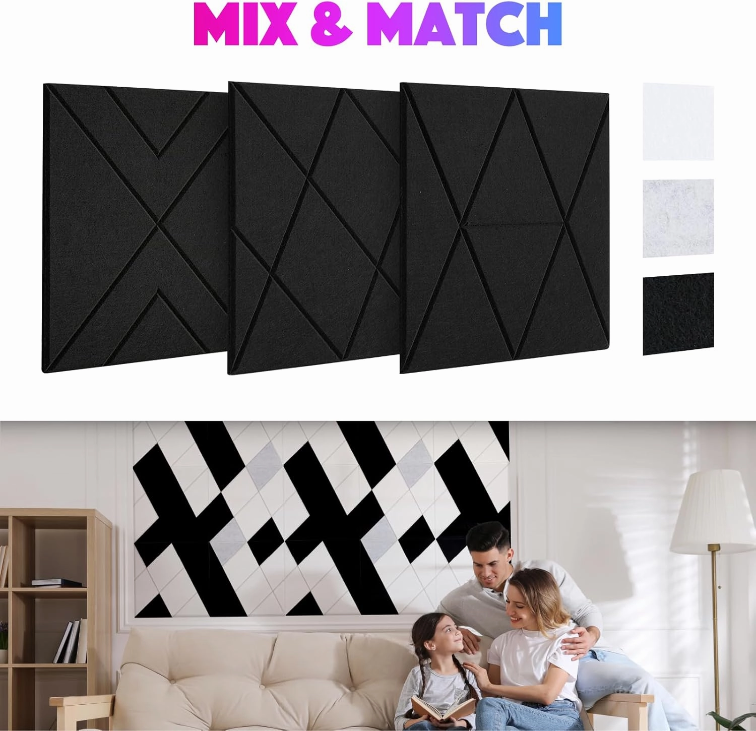 18 Pack Self-Adhesive Acoustic Panels, 12"x 12"x 0.4" Sound Absorbing Panels, High Density Square Sound Proof Noise Dampening Panels for Walls Home Studio Office, Rhombus Cutting Style, Black