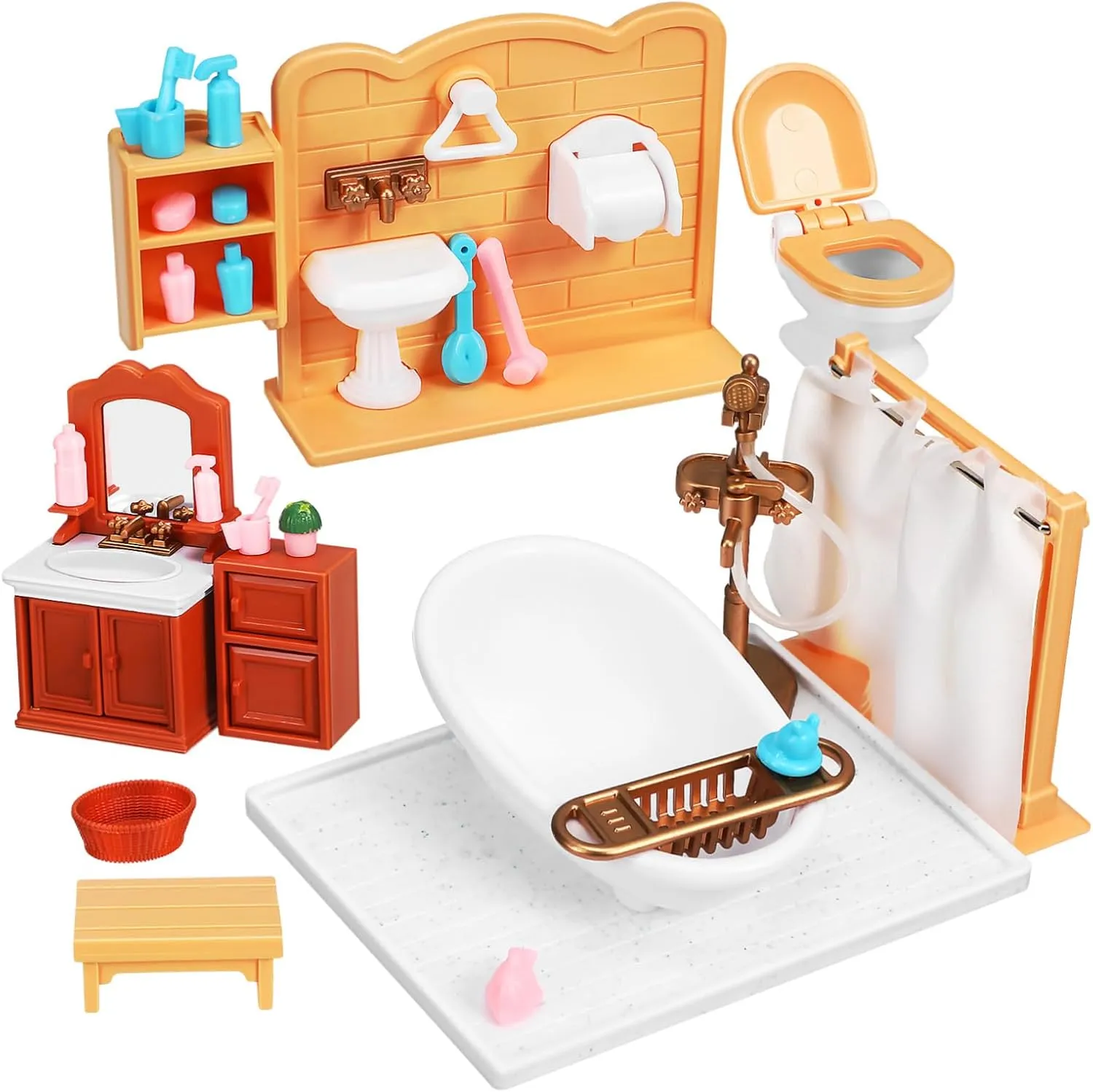 1Set Miniature Doll House Bathroom Furniture Compact Accessories for Dolls House Decorations Includes Bathtub Sink Cabinets and Potted Plants Safe Materials