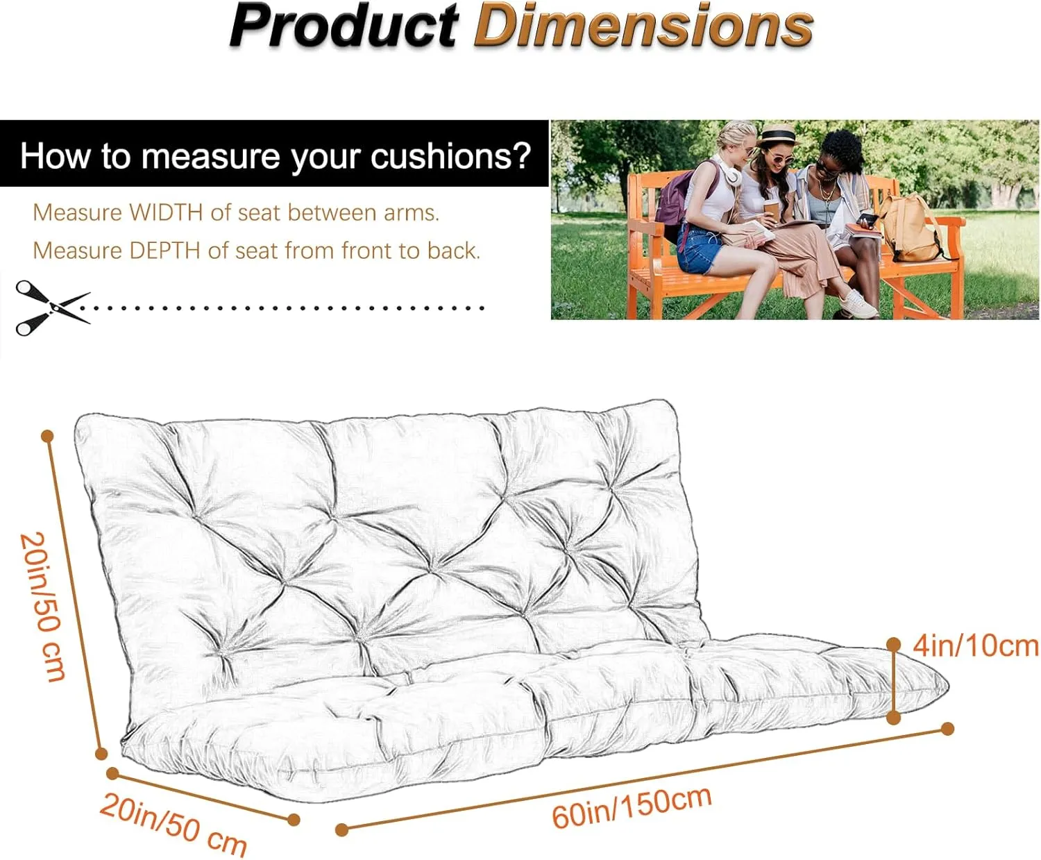 2-3 Seat Swing Replacement Cushion, Outdoor Bench Cushions with Backrest Thicken 4", Patio Furniture Garden Porch Loveseat Glider Pad Anti-Fading Waterproof (Black, 40x60in)
