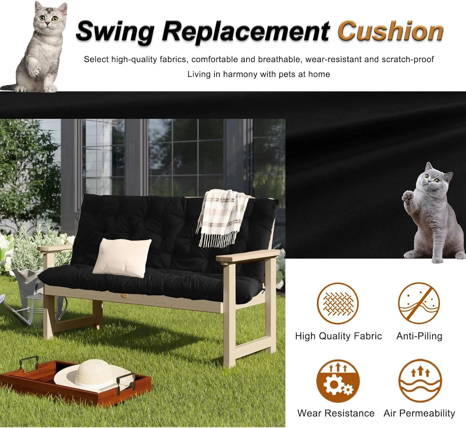 2-3 Seat Swing Replacement Cushion, Outdoor Bench Cushions with Backrest Thicken 4", Patio Furniture Garden Porch Loveseat Glider Pad Anti-Fading Waterproof (Black, 40x60in)