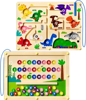 2 in 1 Magnetic Color and Number Maze Double-Sided ABC Alphabet Board Magenet Dinosaur Maze Preschool Montessori Education Toys (Dinosaur, Wood)