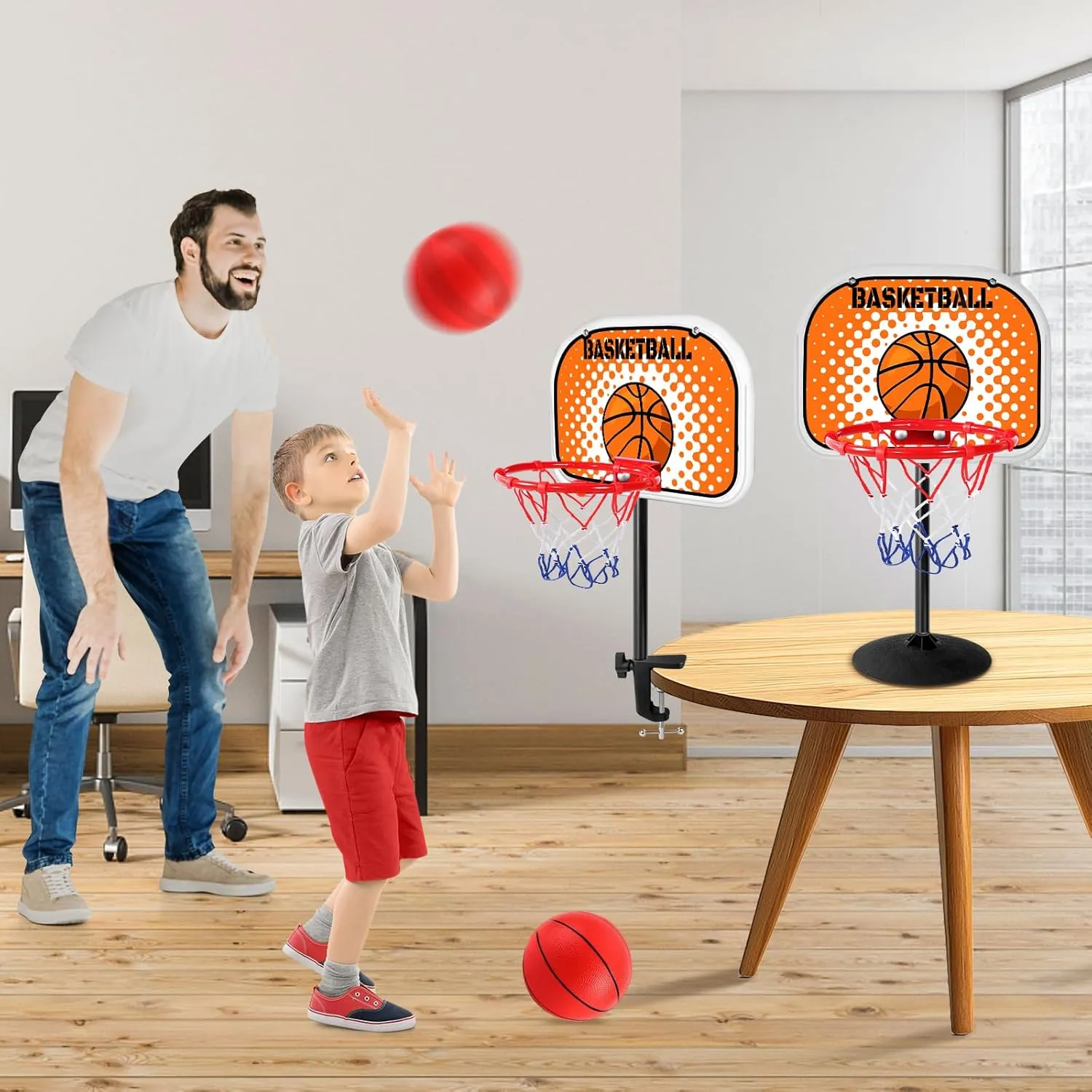 2 in 1 Mini Tabletop Basketball Hoop Indoor Desktop Basketball Hoop Set with Clips and Suction Cup with Two Balls, Portable Mini Hoops for Desk Table Office Bedroom Basketball Toys for Kids and Adult