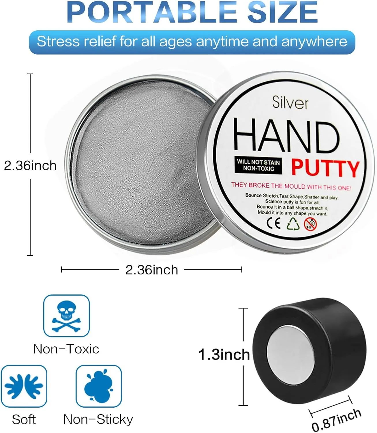 2 Pack Magnetic Slime Putty, Soft Magic Slime Hand Therapy Putty Fidget Game Stress Relief Thinking Educational Toy with Upgraded Magnet Christmas Birthday Gifts for Kids Adults(Blue,Silver)