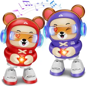 2 Pcs Dancing Bear Toys, Baby Dancing Moving Crawling Musical Toys Age 3-12 Months, with Light, Musical and Dancing, Birthday Gift for Age 1 2 3 4 Year Old Toddlers