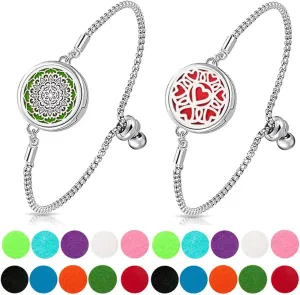 2 Pcs Essential Oil Diffuser Bracelet, Stainless Steel Aromatherapy Diffuser Locket Bracelet Adjustable Chain with 24 Colorful Unscented Refill Pads, Set for Women Girls