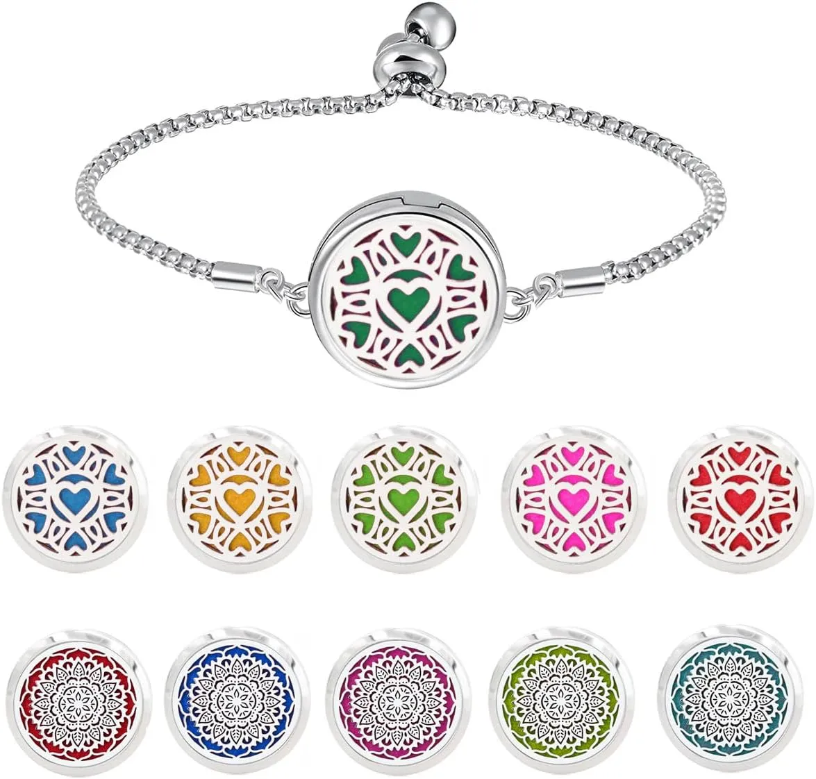 2 Pcs Essential Oil Diffuser Bracelet, Stainless Steel Aromatherapy Diffuser Locket Bracelet Adjustable Chain with 24 Colorful Unscented Refill Pads, Set for Women Girls