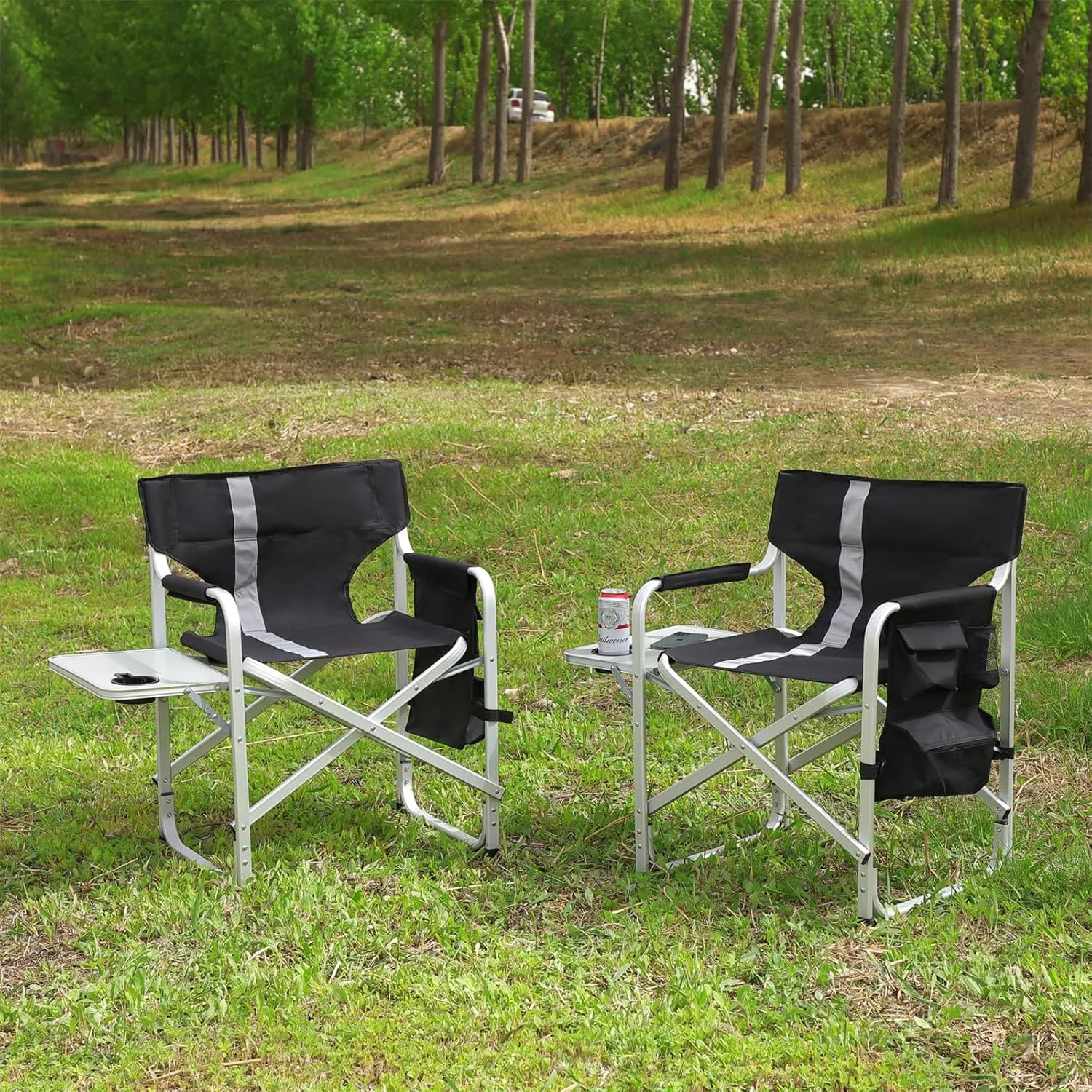 2-Piece Padded Folding Outdoor Chairs with Side Table and Storage Pockets, Lightweight Oversized Directors Chairs, Aluminum Frame, Durable Oxford Cloth, Ideal for Camping, Picnics and Fishing, Black