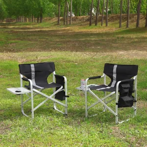 2-Piece Padded Folding Outdoor Chairs with Side Table and Storage Pockets, Lightweight Oversized Directors Chairs, Aluminum Frame, Durable Oxford Cloth, Ideal for Camping, Picnics and Fishing, Black