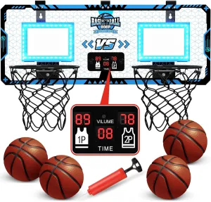 2 Player Basketball Hoop Indoor, Over The Door Basketball Hoop with Electronic Scoreboard, Mini Basketball Hoops with 4 Balls, Basketball Toy Gift for Kids Boys Girls Adult Bedroom Office Outdoor Pool