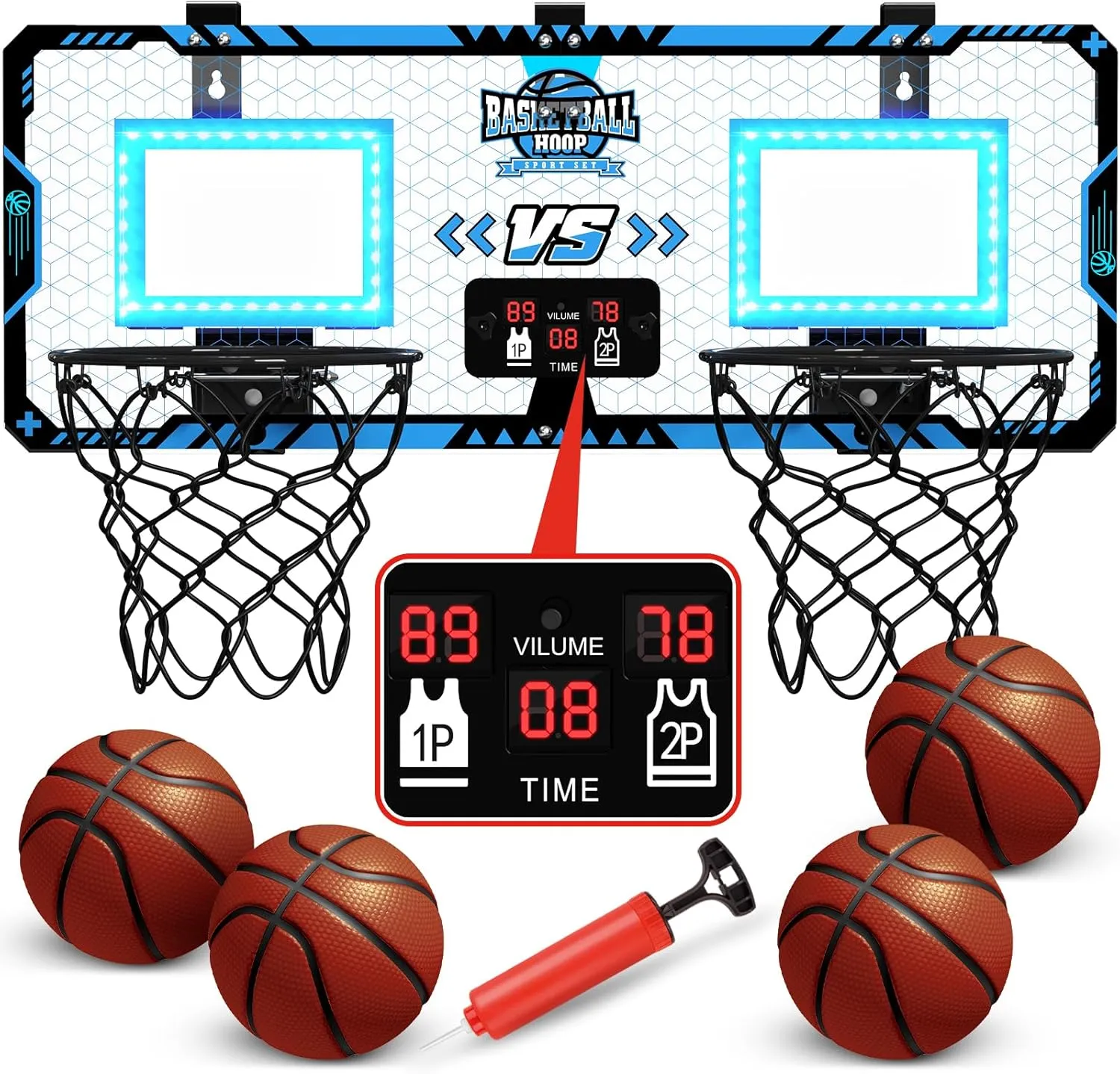 2 Player Basketball Hoop Indoor, Over The Door Basketball Hoop with Electronic Scoreboard, Mini Basketball Hoops with 4 Balls, Basketball Toy Gift for Kids Boys Girls Adult Bedroom Office Outdoor Pool