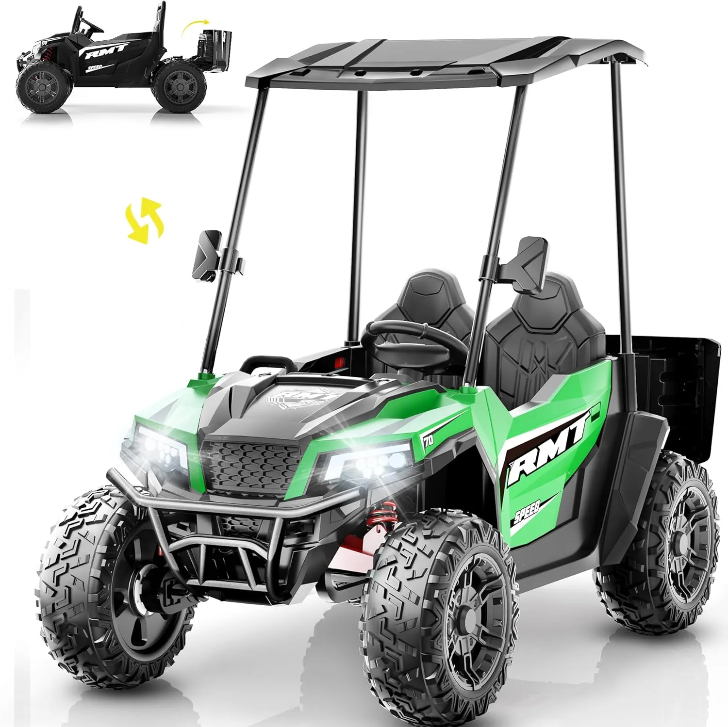2 Seater Ride on Car for Kids, 4WD Battery Powered Toy w/Safety Belt, Forward and Reverse Functions, Spring Suspension, Music and Lights, Remote Control Ride on Car for Toddlers 3-5 - Green